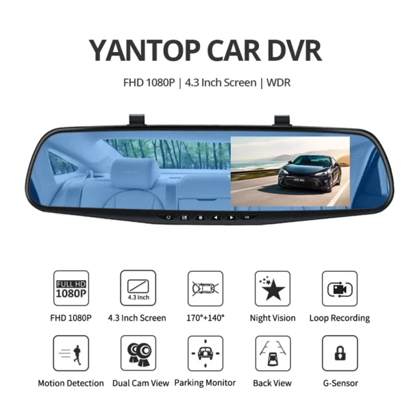 FHD 1080P Car DVR Dash Cam with Rearview Mirror Auto Reverse Image 170° Wide Angle Dual Lens Video Recorder Vehicle Supplies - Image 2