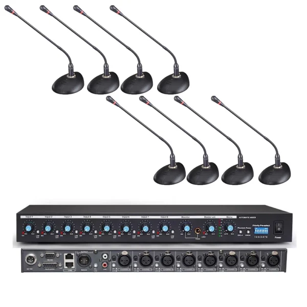 Pro 1 to 8 Desk Conference Gooseneck Dekstop Microphone 48V Phantom Power Supply Audio Hub 5m Cable Volume Control ECHO BASS