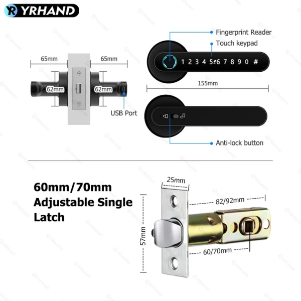 YRHAND Tuya BLE Biometric Handle Smart Fingerprint Lock With IC Card Password Mechanical Key Unlock For Single Handle for Home - Image 3