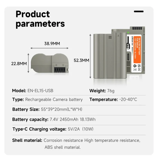 PALO EN-EL15C EN EL15B EN EL15A EL15 Battery with USB Input for Nikon D750 D810 D7500 D500 Z5, Z6, Z6 II，Z7 Z8 - Image 6