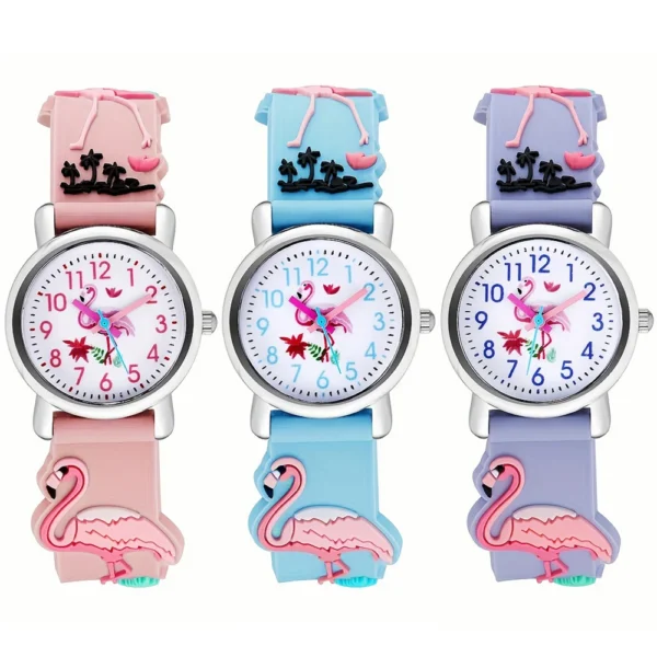 Cute Flamingo Pattern Children's Cartoon Watch Cute Candy Color Silicone Strap Waterproof Kids Quartz Watches