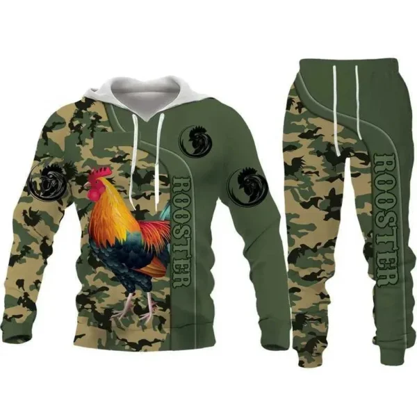 Men's Camouflage Hoodies Sweatshirts Rooster Graphic 3D Printed Man Women Tracksuit Pants Outfits Fashion Mens Clothing 2Pcs Set