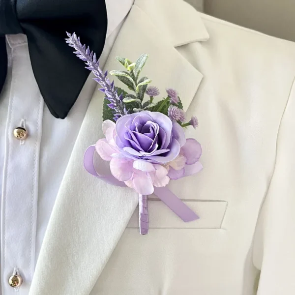 Men Buttonhole Boutonniere Prom Wedding Accessories Purple Roses Artificial Flowers Party Graduation Ceremony Suit Decoration